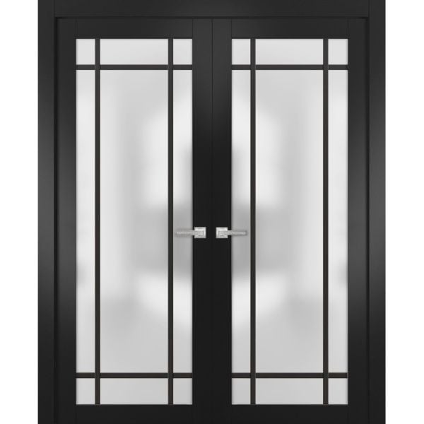 Solid French Double Doors | Planum 2112 Matte Black with Frosted Glass | Wood Solid Panel Frame Trims | Closet Bedroom Sturdy Doors