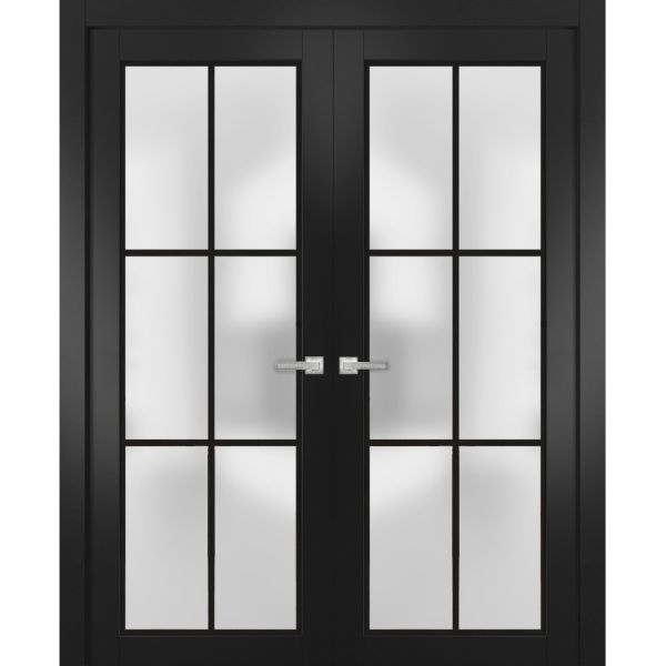 Solid French Double Doors | Planum 2122 Matte Black with Frosted Glass | Wood Solid Panel Frame Trims | Closet Bedroom Sturdy Doors