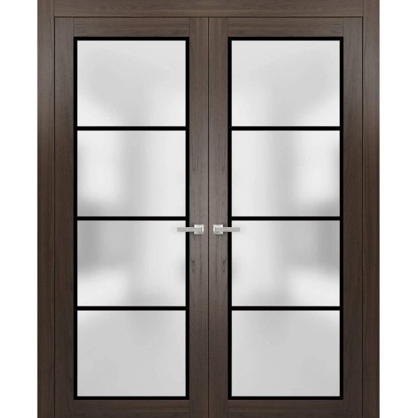 Solid French Double Doors | Planum 2132 Chocolate Ash with Frosted Glass | Wood Solid Panel Frame Trims | Closet Bedroom Sturdy Doors