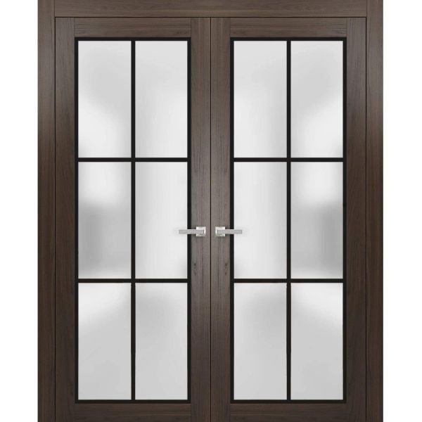 Solid French Double Doors | Planum 2122 Chocolate Ash with Frosted Glass | Wood Solid Panel Frame Trims | Closet Bedroom Sturdy Doors