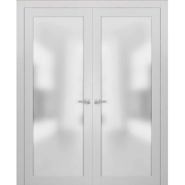 Solid French Double Doors Frosted Glass | Planum 2102 White Silk | Wood Solid Panel Frame Trims | Closet Bedroom Sturdy Doors-48" x 80" (2* 24x80)-Frosted Glass-Butterfly