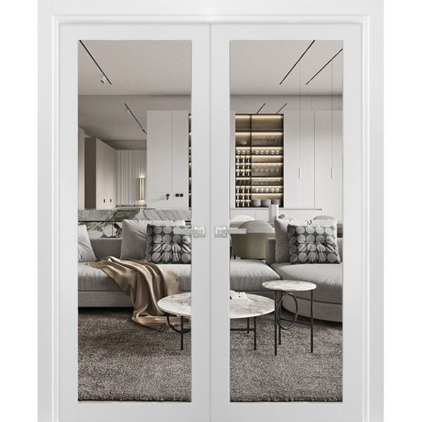 Solid French Double Doors Clear Glass | Lucia 2166 White Silk | Wood Solid Panel Frame Trims | Closet Bedroom Sturdy Doors-48" x 80" (2* 24x80)-Clear Glass-Butterfly