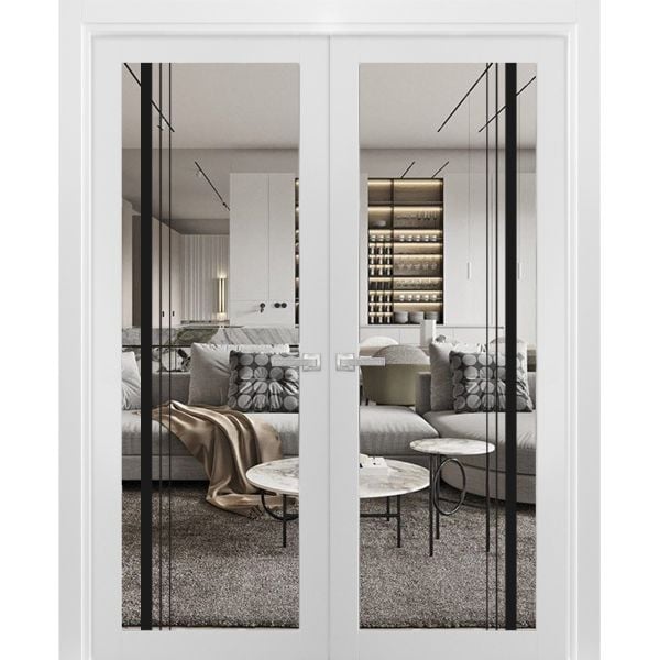 Solid French Double Doors Clear Glass | Lucia 2566 White Silk | Wood Solid Panel Frame Trims | Closet Bedroom Sturdy Doors-36" x 80" (2* 18x80)-Clear Glass-ButterflyBlack