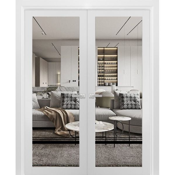 Solid French Double Doors Clear Glass | Lucia 2666 White Silk | Wood Solid Panel Frame Trims | Closet Bedroom Sturdy Doors-36" x 80" (2* 18x80)-Clear Glass-ButterflyBlack