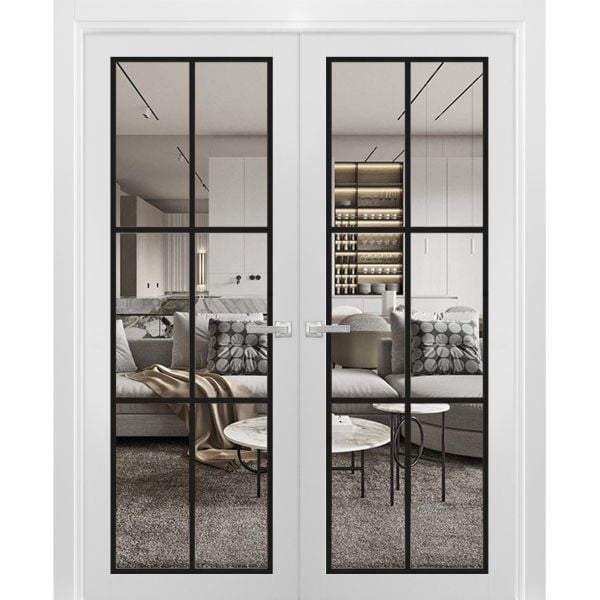 Solid French Double Doors Clear Glass | Lucia 2366 White Silk | Wood Solid Panel Frame Trims | Closet Bedroom Sturdy Doors-36" x 80" (2* 18x80)-Clear Glass-ButterflyBlack