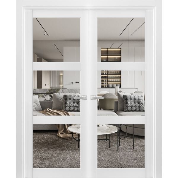 Solid French Double Doors Clear Glass 3 Lites | Lucia 2555 White Silk | Wood Solid Panel Frame Trims | Closet Bedroom Sturdy Doors