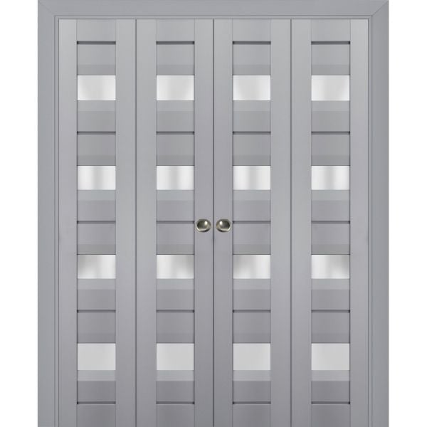 Sliding Closet Double Bi-fold Doors | Veregio 7455 Matte Grey with Frosted Glass | Sturdy Tracks Moldings Trims Hardware Set | Wood Solid Bedroom Wardrobe Doors 