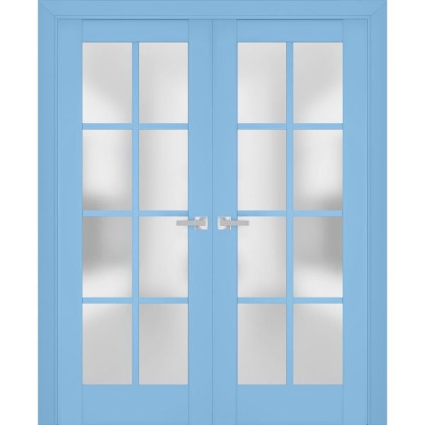 Interior Solid French Double Doors Frosted Glass | Veregio 7412 Aquamarine | Wood Solid Panel Frame Trims | Closet Bedroom Sturdy Doors 