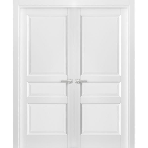 French Double Panel Solid Doors with Hardware | Lucia 31 White Silk | Pre-hung Panel Frame Trims | Bathroom Bedroom Interior Sturdy Door