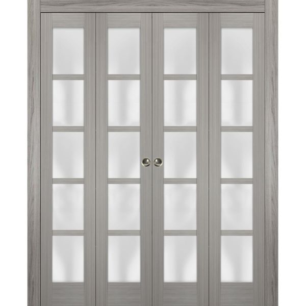 Sliding Closet Double Bi-fold Doors | Quadro 4002 Grey Ash with Frosted Glass | Sturdy Tracks Moldings Trims Hardware Set | Wood Solid Bedroom Wardrobe Doors 