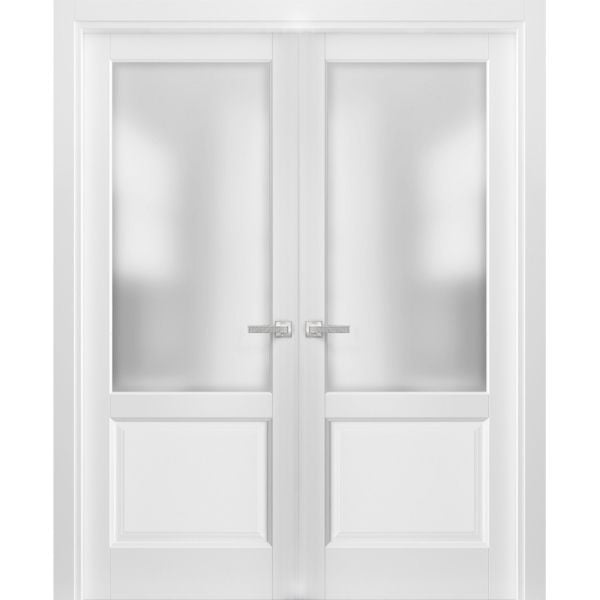 French Double Panel Lite Doors with Hardware | Lucia 22 White Silk with Frosted Opaque Glass | Pre-hung Panel Frame Trims | Bathroom Bedroom Interior Sturdy Door