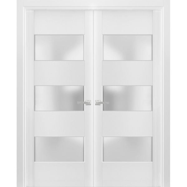 Solid French Double Doors 3 Lites | Lucia 4070 White Silk with Frosted Glass | Wood Solid Panel Frame Trims | Closet Bedroom Sturdy Doors 