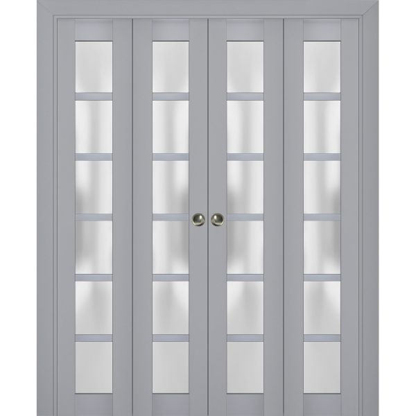 Sliding Closet Double Bi-fold Doors | Veregio 7602 Matte Grey with Frosted Glass | Sturdy Tracks Moldings Trims Hardware Set | Wood Solid Bedroom Wardrobe Doors 
