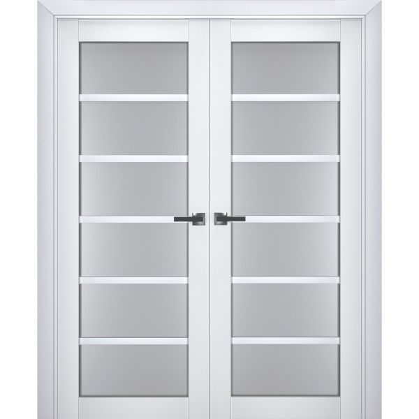 Interior Solid French Double Doors Frosted Glass | Veregio 7602 White Silk | Wood Solid Panel Frame Trims | Closet Bedroom Sturdy Doors 