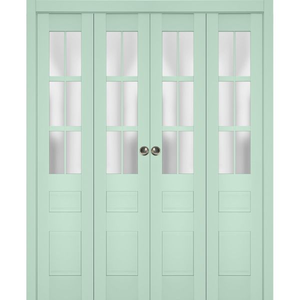 Sliding Closet Double Bi-fold Doors | Veregio 7339 Oliva with Frosted Glass | Sturdy Tracks Moldings Trims Hardware Set | Wood Solid Bedroom Wardrobe Doors 