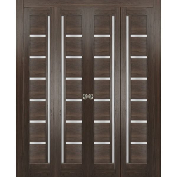 Sliding Closet Double Bi-fold Doors | Quadro 4088 Chocolate Ash with Frosted Glass | Sturdy Tracks Moldings Trims Hardware Set | Wood Solid Bedroom Wardrobe Doors 