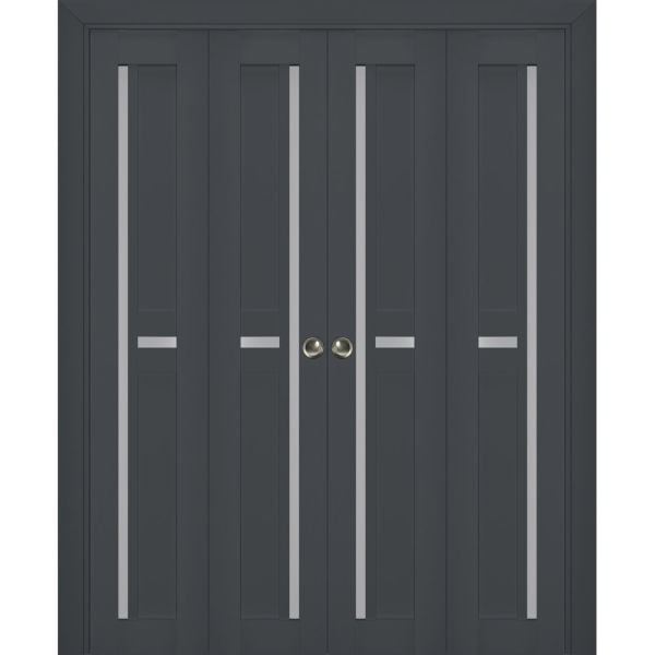 Sliding Closet Double Bi-fold Doors | Veregio 7288 Antracite with Frosted Glass | Sturdy Tracks Moldings Trims Hardware Set | Wood Solid Bedroom Wardrobe Doors 