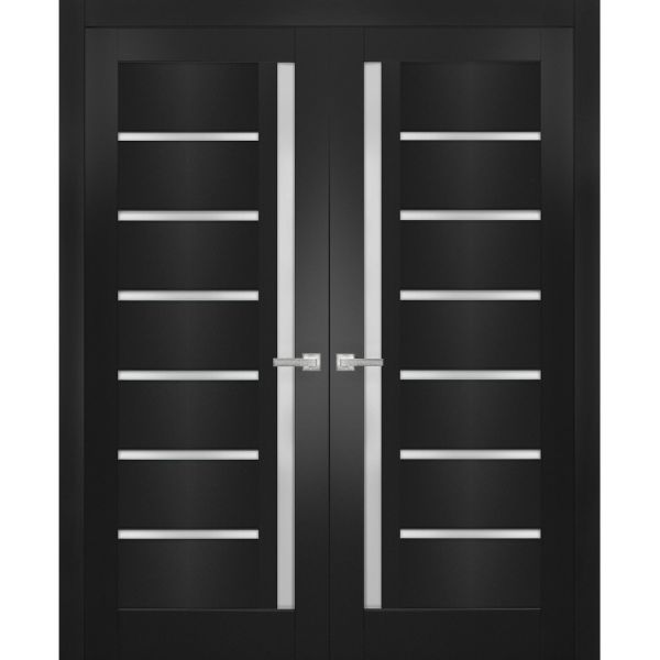 Solid French Double Doors | Quadro 4088 Matte Black with Frosted Glass | Wood Solid Panel Frame Trims | Closet Bedroom Sturdy Doors 