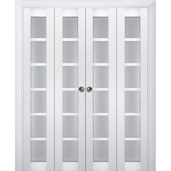 Sliding Closet Double Bi-fold Doors | Veregio 7602 White Silk with Frosted Glass | Sturdy Tracks Moldings Trims Hardware Set | Wood Solid Bedroom Wardrobe Doors 