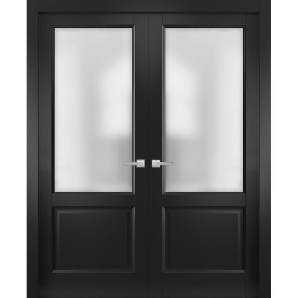 Solid French Double Doors | Lucia 22 Matte Black with Frosted Glass | Wood Solid Panel Frame Trims | Closet Bedroom Sturdy Doors 