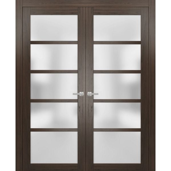 Solid French Double Doors Frosted Glass | Quadro 4002 Chocolate Ash | Wood Solid Panel Frame Trims | Closet Bedroom Sturdy Doors 