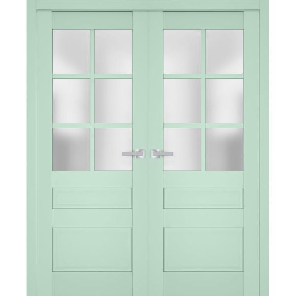 Interior Solid French Double Doors Frosted Glass | Veregio 7339 Oliva | Wood Solid Panel Frame Trims | Closet Bedroom Sturdy Doors 