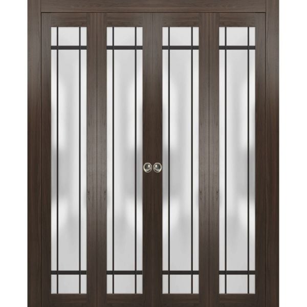 Sliding Closet Double Bi-fold Doors | Planum 2112 Chocolate Ash with Frosted Glass | Sturdy Tracks Moldings Trims Hardware Set | Wood Solid Bedroom Wardrobe Doors 