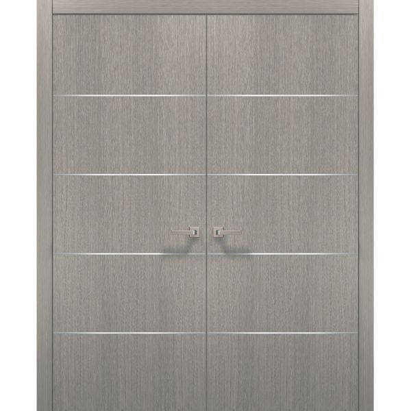 French Double Interior Doors with Hardware | Planum 0020 Grey Oak | Pre-hung Panel Frame Trims | Bathroom Bedroom Interior Sturdy Door