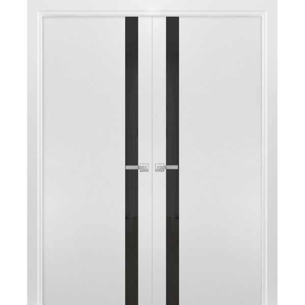 Solid French Double Doors | Planum 0440 White Silk with Black Glass | Wood Solid Panel Frame Trims | Closet Bedroom Sturdy Doors 