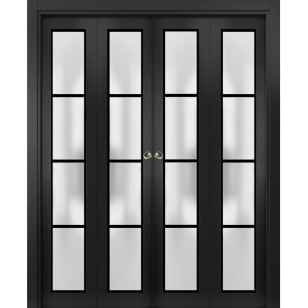Sliding Closet Double Bi-fold Doors | Planum 2132 Matte Black with Frosted Glass and Aluminum Strips | Sturdy Tracks Moldings Trims Hardware Set | Wood Solid Bedroom Wardrobe Doors