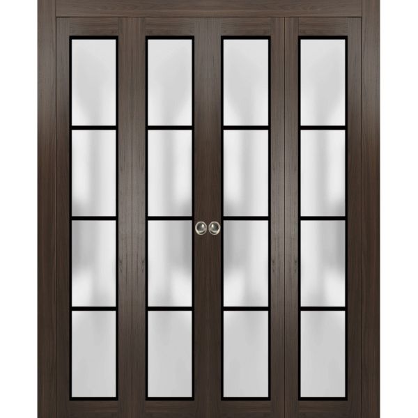 Sliding Closet Double Bi-fold Doors | Planum 2132 Chocolate Ash with Frosted Glass | Sturdy Tracks Moldings Trims Hardware Set | Wood Solid Bedroom Wardrobe Doors 