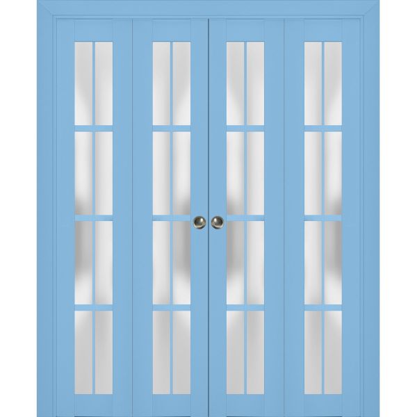 Sliding Closet Double Bi-fold Doors | Veregio 7412 Aquamarine with Frosted Glass | Sturdy Tracks Moldings Trims Hardware Set | Wood Solid Bedroom Wardrobe Doors 