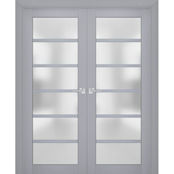 Interior Solid French Double Doors Frosted Glass | Veregio 7602 Matte Grey | Wood Solid Panel Frame Trims | Closet Bedroom Sturdy Doors 
