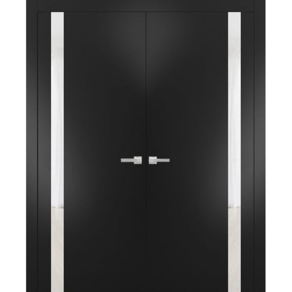 Solid French Double Doors | Planum 0440 Matte Black with White Glass | Wood Solid Panel Frame Trims | Closet Bedroom Sturdy Doors 