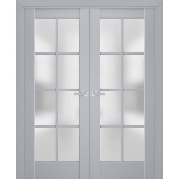 Interior Solid French Double Doors Frosted Glass | Veregio 7412 Matte Grey | Wood Solid Panel Frame Trims | Closet Bedroom Sturdy Doors 