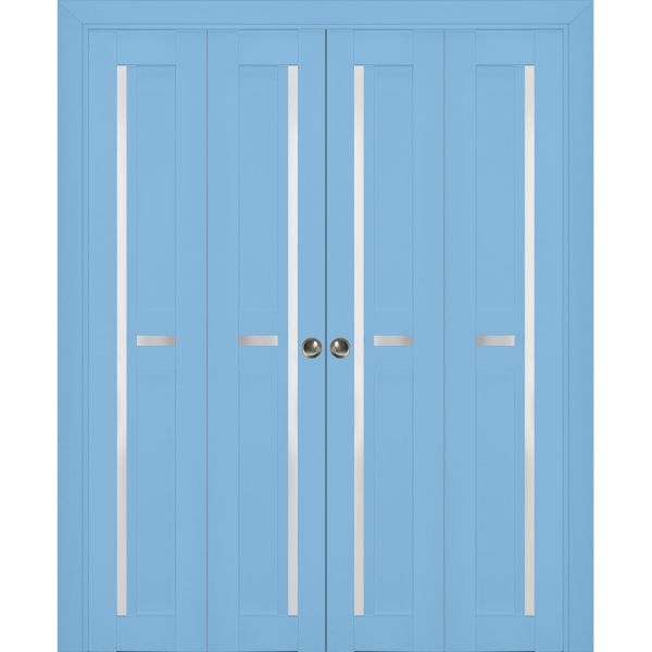 Sliding Closet Double Bi-fold Doors | Veregio 7288 Aquamarine with Frosted Glass | Sturdy Tracks Moldings Trims Hardware Set | Wood Solid Bedroom Wardrobe Doors 