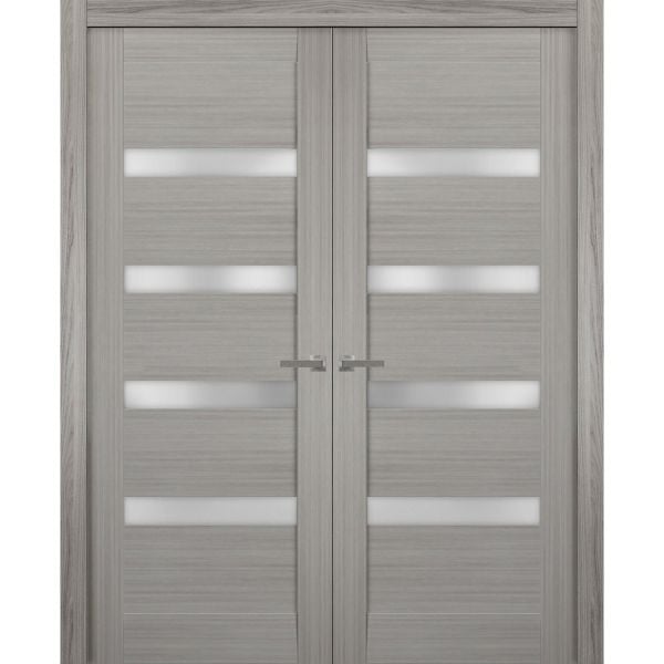 Solid French Double Doors | Quadro 4113 Grey Ash with Frosted Glass | Wood Solid Panel Frame Trims | Closet Bedroom Sturdy Doors 