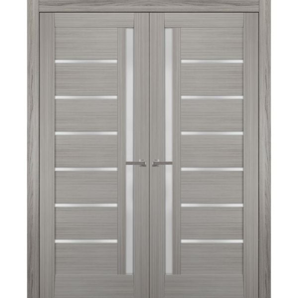 Solid French Double Doors Frosted Glass | Quadro 4088 Grey Ash | Wood Solid Panel Frame Trims | Closet Bedroom Sturdy Doors 