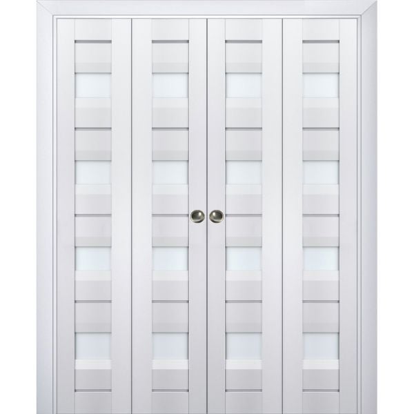 Sliding Closet Double Bi-fold Doors | Veregio 7455 White Silk with Frosted Glass | Sturdy Tracks Moldings Trims Hardware Set | Wood Solid Bedroom Wardrobe Doors 