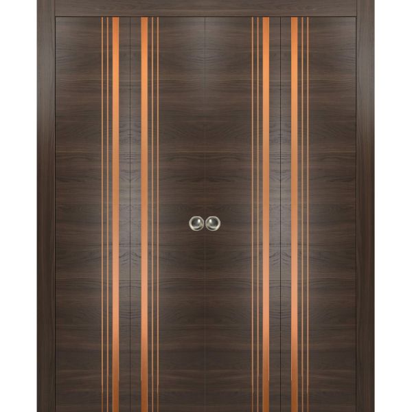 Sliding Closet Double Bi-fold Doors | Planum 1010 Chocolate Ash | Sturdy Tracks Moldings Trims Hardware Set | Wood Solid Bedroom Wardrobe Doors 