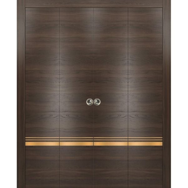 Sliding Closet Double Bi-fold Doors | Planum 2010 Chocolate Ash | Sturdy Tracks Moldings Trims Hardware Set | Wood Solid Bedroom Wardrobe Doors 