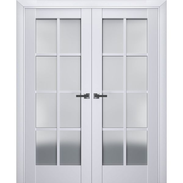 Interior Solid French Double Doors | Veregio 7412 White Silk with Frosted Glass | Wood Solid Panel Frame Trims | Closet Bedroom Sturdy Doors 