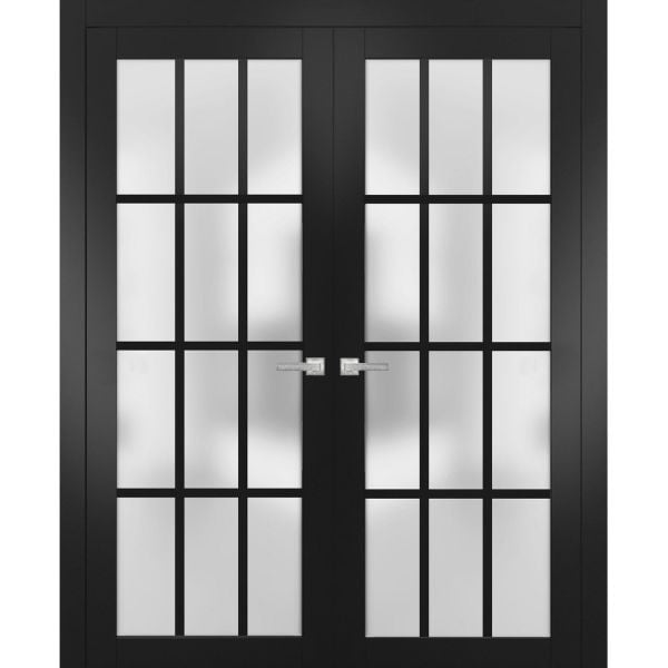 Solid French Double Doors 12 Lites | Felicia 3312 Matte Black with Frosted Glass | Single Regural Panel Frame Trims | Bathroom Bedroom Sturdy Doors 