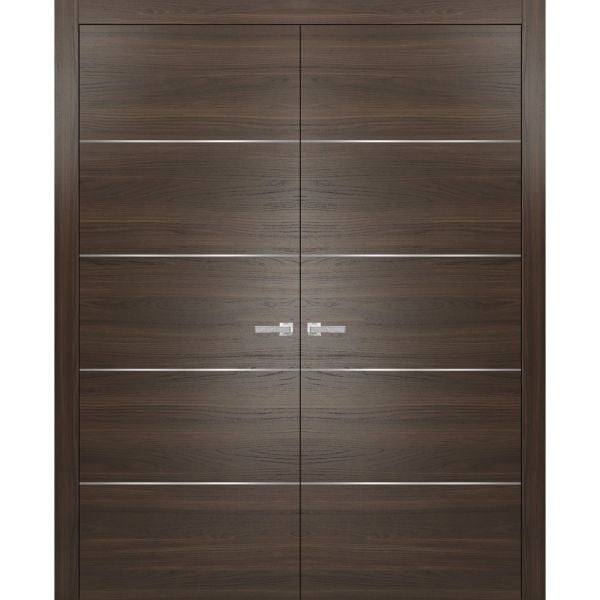 French Double Interior Doors with Hardware | Planum 0020 Chocolate Ash | Pre-hung Panel Frame Trims | Bathroom Bedroom Interior Sturdy Door