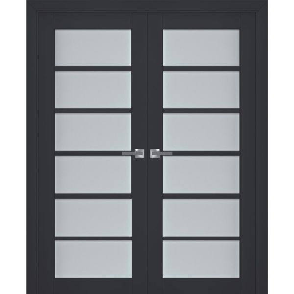 Interior Solid French Double Doors Frosted Glass | Veregio 7602 Antracite | Wood Solid Panel Frame Trims | Closet Bedroom Sturdy Doors 