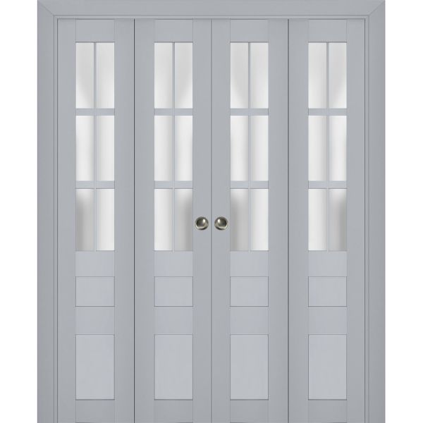 Sliding Closet Double Bi-fold Doors | Veregio 7339 Matte Grey with Frosted Glass | Sturdy Tracks Moldings Trims Hardware Set | Wood Solid Bedroom Wardrobe Doors 