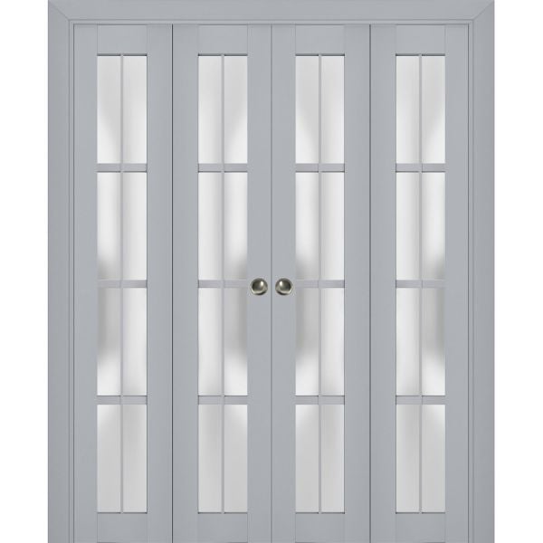 Sliding Closet Double Bi-fold Doors | Veregio 7412 Matte Grey with Frosted Glass | Sturdy Tracks Moldings Trims Hardware Set | Wood Solid Bedroom Wardrobe Doors 
