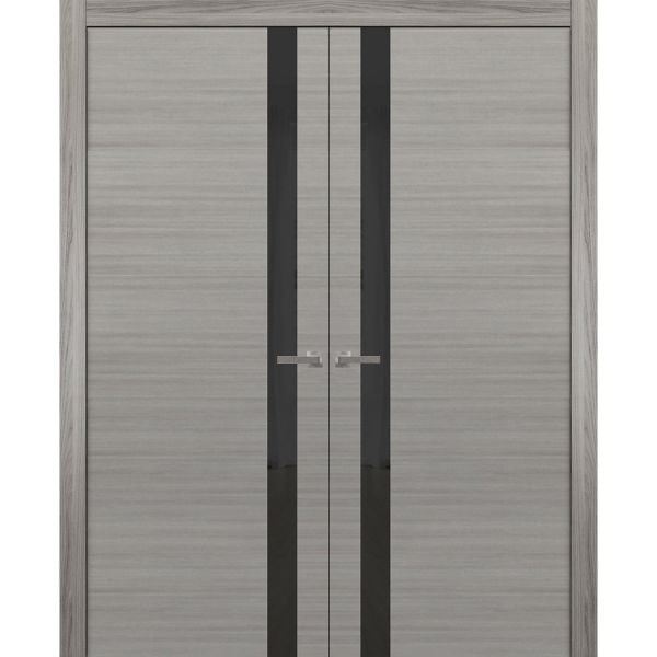 Solid French Double Doors | Planum 0440 Grey Ash with Black Glass | Wood Solid Panel Frame Trims | Closet Bedroom Sturdy Doors 