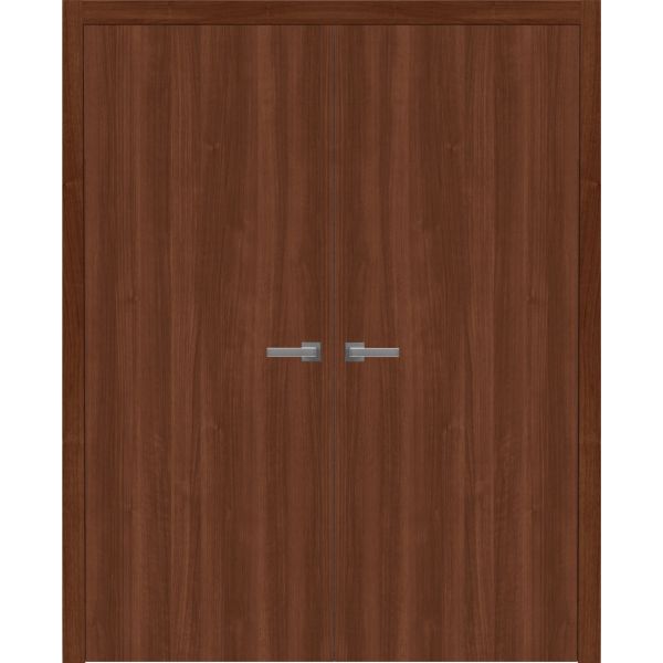 Interior Solid French Double Doors 48 x 80 inches | BASIC 3001 Walnut | Wood Interior Solid Panel Frame | Closet Bedroom Modern Doors