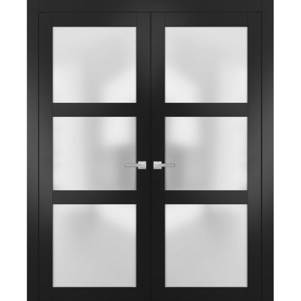 Solid French Double Doors Frosted Glass | Lucia 2552 Matte Black | Wood Solid Panel Frame Trims | Closet Bedroom Sturdy Doors -36" x 80" (2* 18x80)-Frosted Glass-Butterfly